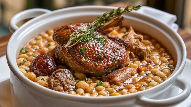Delight in hearty cassoulet with duck confit and white beans for a rich meal