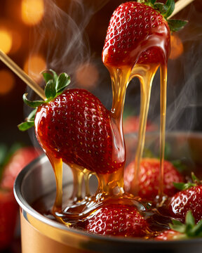 Delicious strawberries dipped in rich, warm caramel at a festive gathering
