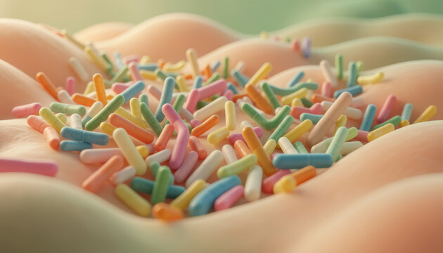 Extreme close-up 3D render of colorful rod-shaped bacteria on a wavy pink organic surface under soft warm light