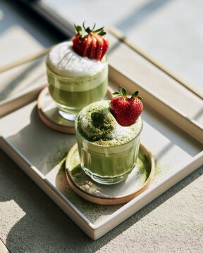 Vibrant cafe moment with delightful green drinks and fresh strawberries