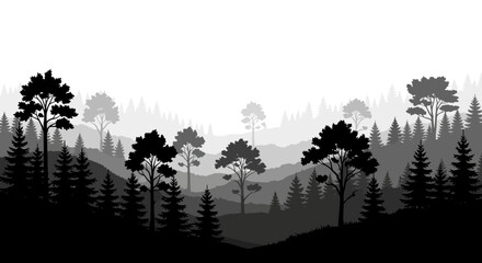 Forest landscape with layered trees and hills in a dark silhouette woods hill mountains nature © Itz