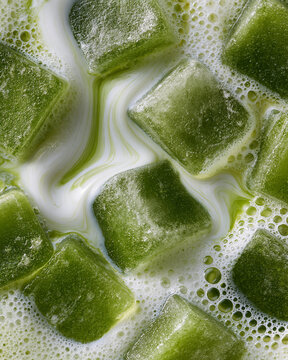 Deliciously refreshing iced matcha cubes floating in a creamy green swirl