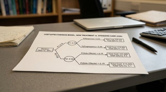 Cost-effectiveness analysis decision tree model printout with probability branches and QALY outcomes on a researcher desk