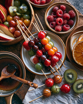 Vibrant fruit skewers and fresh berry bowls brighten the table