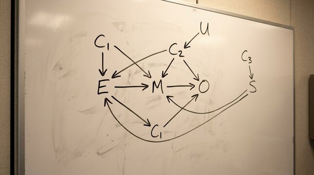 Directed acyclic graph DAG for causal inference in an epidemiological study drawn on a researcher whiteboard