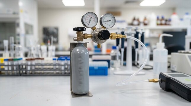Ethanol breath analyser calibration gas cylinder with a regulator on a forensic toxicology bench