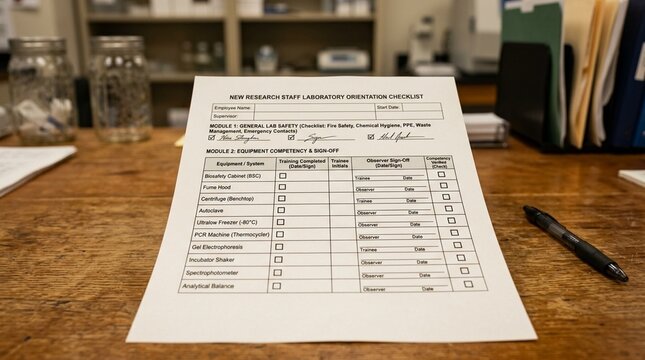 Laboratory orientation training checklist with equipment competency sign-off sections for new research staff