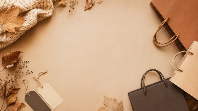Autumn Shopping Theme with Stylish Bags, Natural Leaves, and Cozy Textiles Creating a Warm and Inviting Seasonal Atmosphere for Fashion Enthusiasts