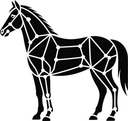 Obraz premium Black horse with white polygonal lines and dots forming a geometric pattern, standing isolated on white