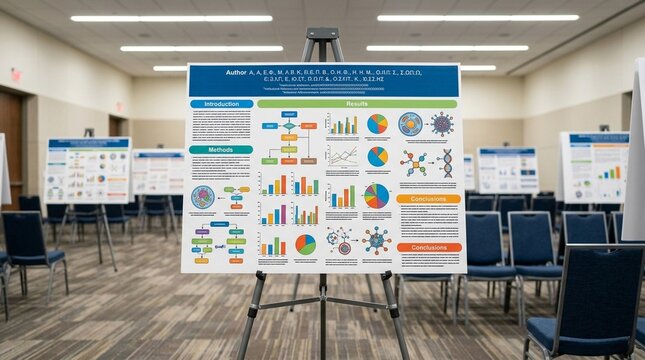 Scientific poster presentation board with study results and graphics and an author list displayed on a conference easel