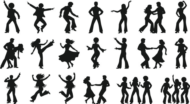 Vintage Disco Dancers Black Silhouette Vector Icon Set with Retro Seventy Style Musical Party People Performance Graphics