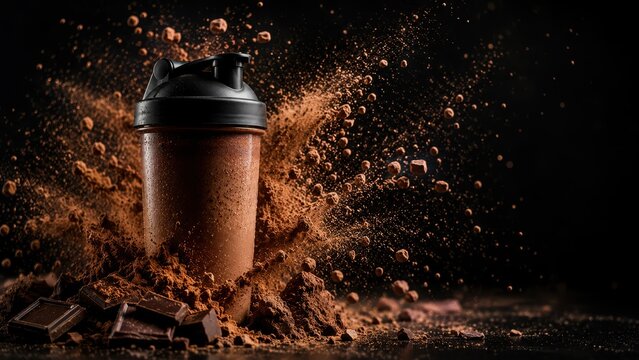 Chocolate protein shake in a sports shaker surrounded by cocoa powder, chocolate pieces, and dynamic splash effects on a black background, ideal for fitness and nutrition concepts.