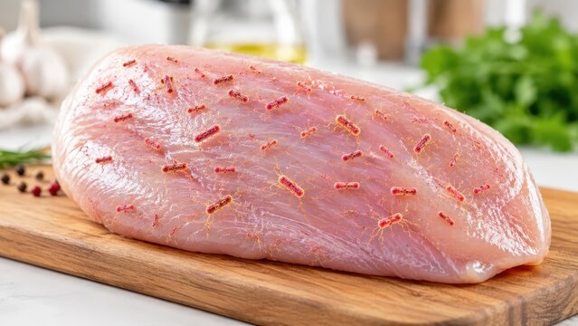 Conceptual illustration of raw chicken breast contaminated with Salmonella bacteria, highlighting foodborne illness, cross contamination, kitchen hygiene, and safe food handling practices.