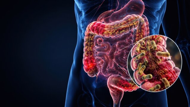 Clostridioides Difficile C Difficile Infection in Human Colon with Bacterial Close Up Medical Illustration