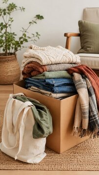 A Cozy Collection of Folded Clothes and Textiles in a Cardboard Box, Perfect for Seasonal Organization and Home Comfort