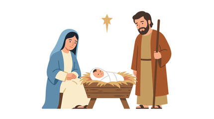 Obraz premium Nativity Scene Illustration of Mary Joseph and Baby Jesus in a Manger with a Star Above