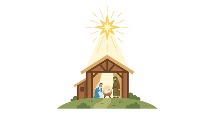 Obraz premium Nativity Scene Illustration with Mary Joseph and Baby Jesus under the Star of Bethlehem in a Stable