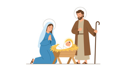 Obraz premium Nativity Scene Illustration of Mary Joseph and Baby Jesus in Manger with Halos