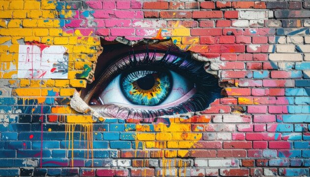 Colorful Graffiti Mural with Large Human Eye Peering Through Hole in Vibrant Painted Brick Wall, Urban Street Art Background with Ample Copy Space