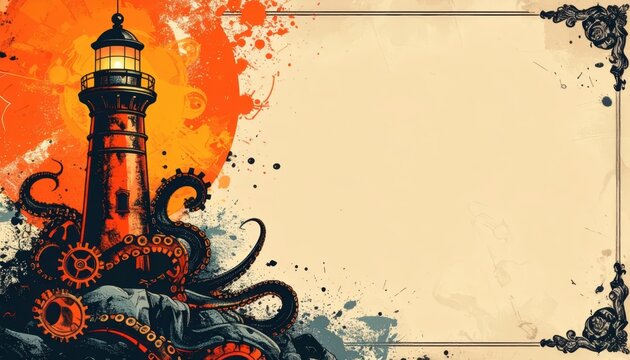 Vintage Steampunk Lighthouse and Octopus Kraken Illustration with Parchment Background and Copy Space