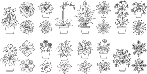 Large set of houseplant and flower pot icons in line art style isolated on white © IconicCreations