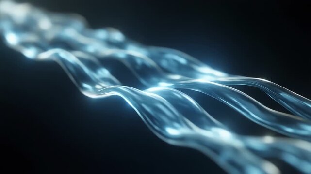 Glowing blue threads twist through dark space, emitting soft light with subtle motion. in soft blues