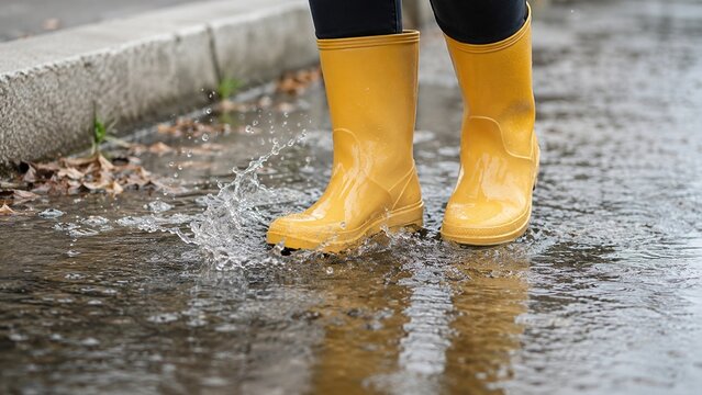 A Cheerful Pair of Yellow Rain Boots Splashing Through a Puddle on a Gloomy Day, Bringing Joy Amidst Wet Weather Conditions