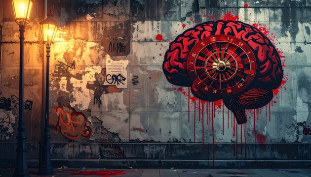 Conceptual Urban Street Art Graffiti of a Red Brain with a Roulette Wheel on a Gritty Weathered Wall with Lamp Posts and Ample Copy Space