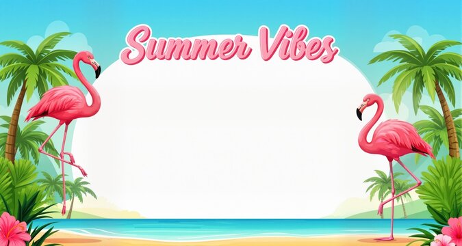 "Summer vibes vector design. Summer vibes text in empty space with flamingo element in island background. Vector illustration summer template.
