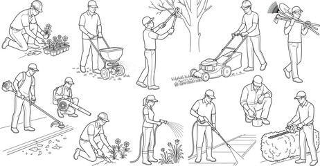 Fototapeta premium Set of professional landscaping workers and gardeners line art icons isolated on white background