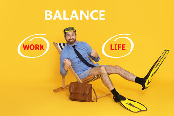 Work-life balance poster. Happy businessman with flippers and diving mask sitting in deck chair on yellow background © New Africa