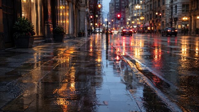 A Rainy Evening in the City: Reflections and Lights Creating a Vibrant Urban Atmosphere on a Wet Street with Glimmering Pavement