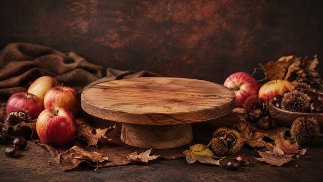 A Rustic Autumn Display Featuring Apples, Chestnuts, and Golden Leaves Set on a Wooden Pedestal Against a Warm, Textured Background
