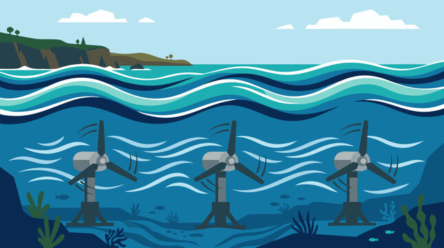 Dynamic vector illustration of submerged tidal energy turbines harnessing power beneath rhythmic ocean waves along scenic coastal cliffs with swirling blue waters marine life and renewable