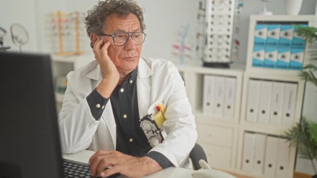 Man optician in clinic rests cheek on hand while looking at computer screen, wearing glasses and a white coat with trial lenses in his pocket; quiet fatigue.
