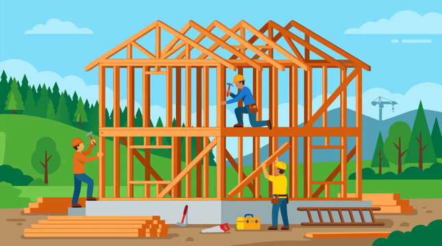 Dedicated construction team of skilled workers framing sturdy timber wooden skeleton for new residential house on sunny day surrounded by tools lumber and scenic green landscape showcasing