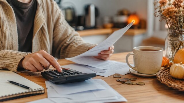 A Cozy Workspace Scene Featuring a Person Managing Finances with a Calculator, Papers, and a Warm Cup of Coffee Amidst Autumn Decorations