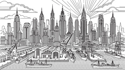 Obraz premium City landscape. Line urban backdrop, different buildings on street, doodle street draw, outline cityscape hand sketch, flat houses. Hand drawn vector illustration