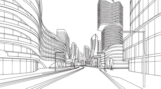 City landscape. Line urban backdrop, different buildings on street, doodle street draw, outline cityscape hand sketch, flat houses. Hand drawn vector illustration