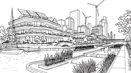 Fototapeta premium City landscape. Line urban backdrop, different buildings on street, doodle street draw, outline cityscape hand sketch, flat houses. Hand drawn vector illustration