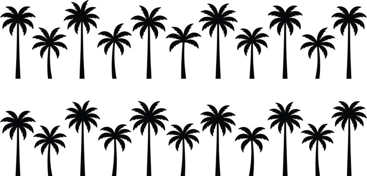 Minimalist summer beach palm trees silhouettes set for travel background, seamless pattern element and nature graphic asset.