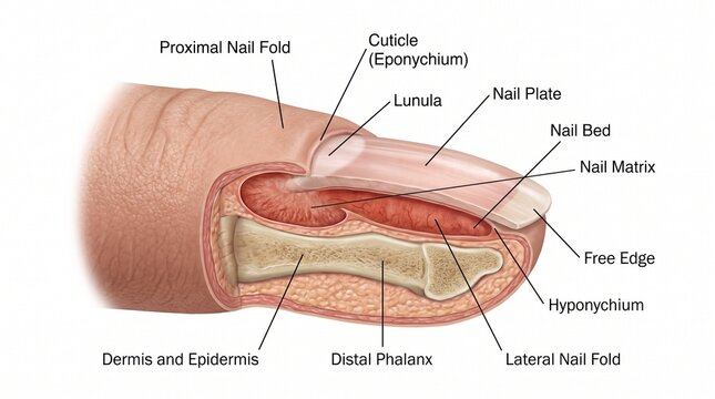 A highly detailed, labeled anatomical diagram illustration of a human fingernail and the surrounding tissues, including the nail plate, matrix, bed, cuticle, and phalange bone, on a white background.