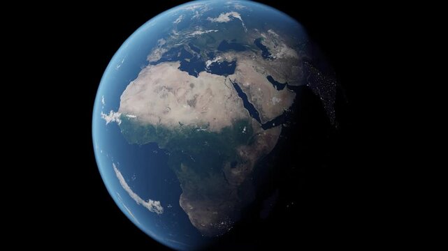 Planet Earth day to night cycle with city nightlights over central Africa, Ethiopia, Kenya, Sudan