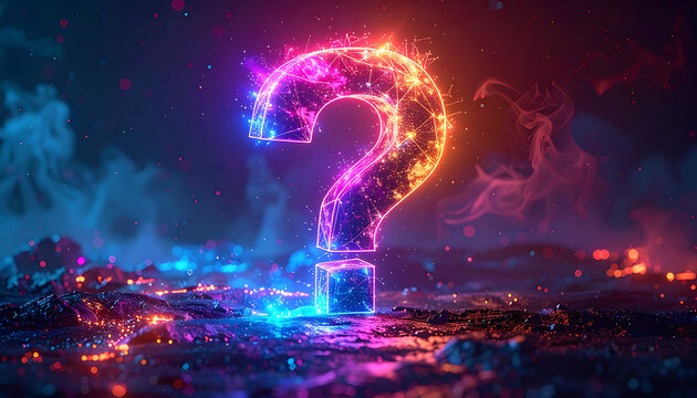 Glowing neon question mark made of sparkling particles, mysterious dark background with glowing lights, abstract concept