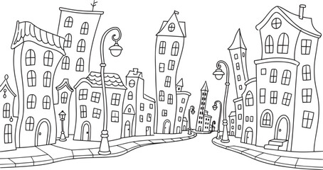 Obraz premium City landscape. Line urban backdrop, different buildings on street, doodle street draw, outline cityscape hand sketch, flat houses. Hand drawn vector illustration