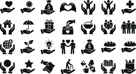 Fototapeta premium Charity and Donation Icon Set with Philanthropy, Humanitarian Support, Medical Aid, Voluntary Care, and Community Welfare Symbols for Websites and Apps