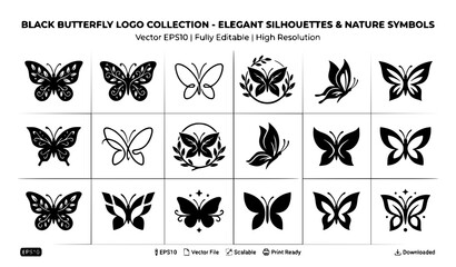 Obraz premium Design an original vector collection of 32 butterfly silhouette designs isolated on a solid white background. Arrange the butterflies in alternating rows with varied wing spans and elegant proportions