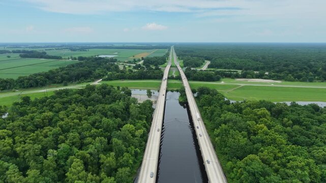 Drone Shot of Highway I-10 Elevated Bridge Over Louisiana Swamp