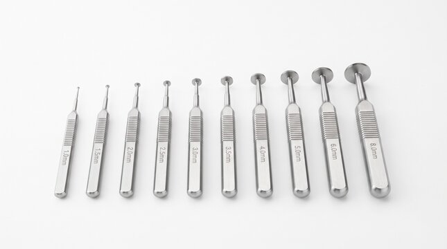 Complete Set of Stainless Steel Dental Rotary Burs Arranged in Sequential Size Order from Smallest to Largest on a White Background
