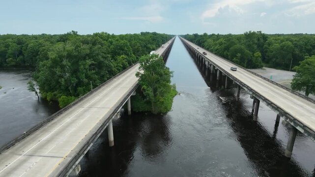 Drone Shot of Highway I-10 Elevated Bridge Over Louisiana Swamp